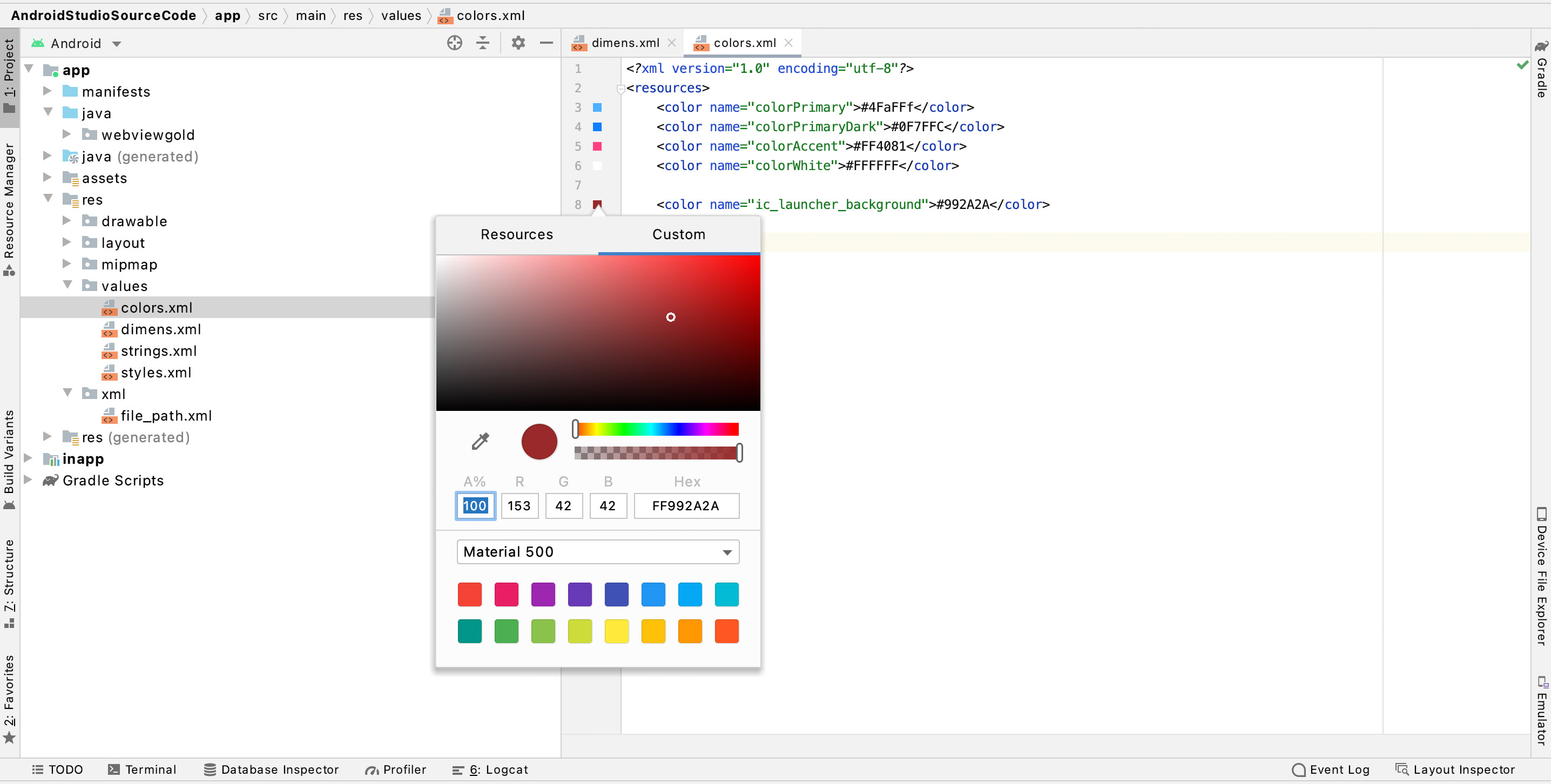 Modify the assets in colors.xml to re-color objects and screens