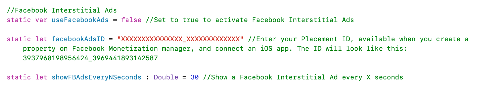 Facebook Ads configuration screenshot
