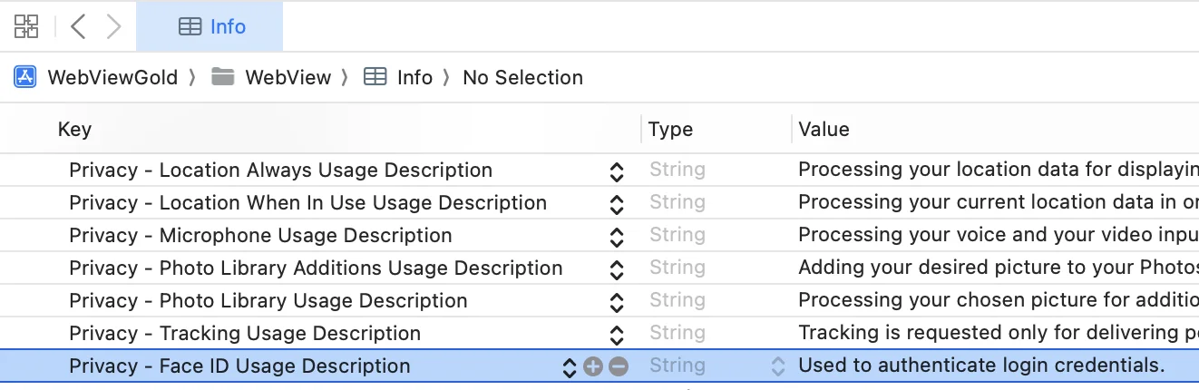 Example of the Face ID privacy key in Info.plist.