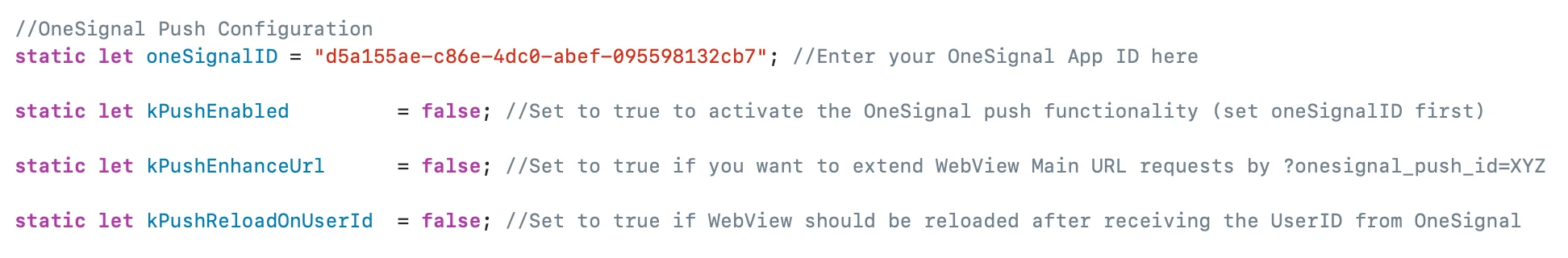 Activate the OneSignal features of WebViewGold for push notification support