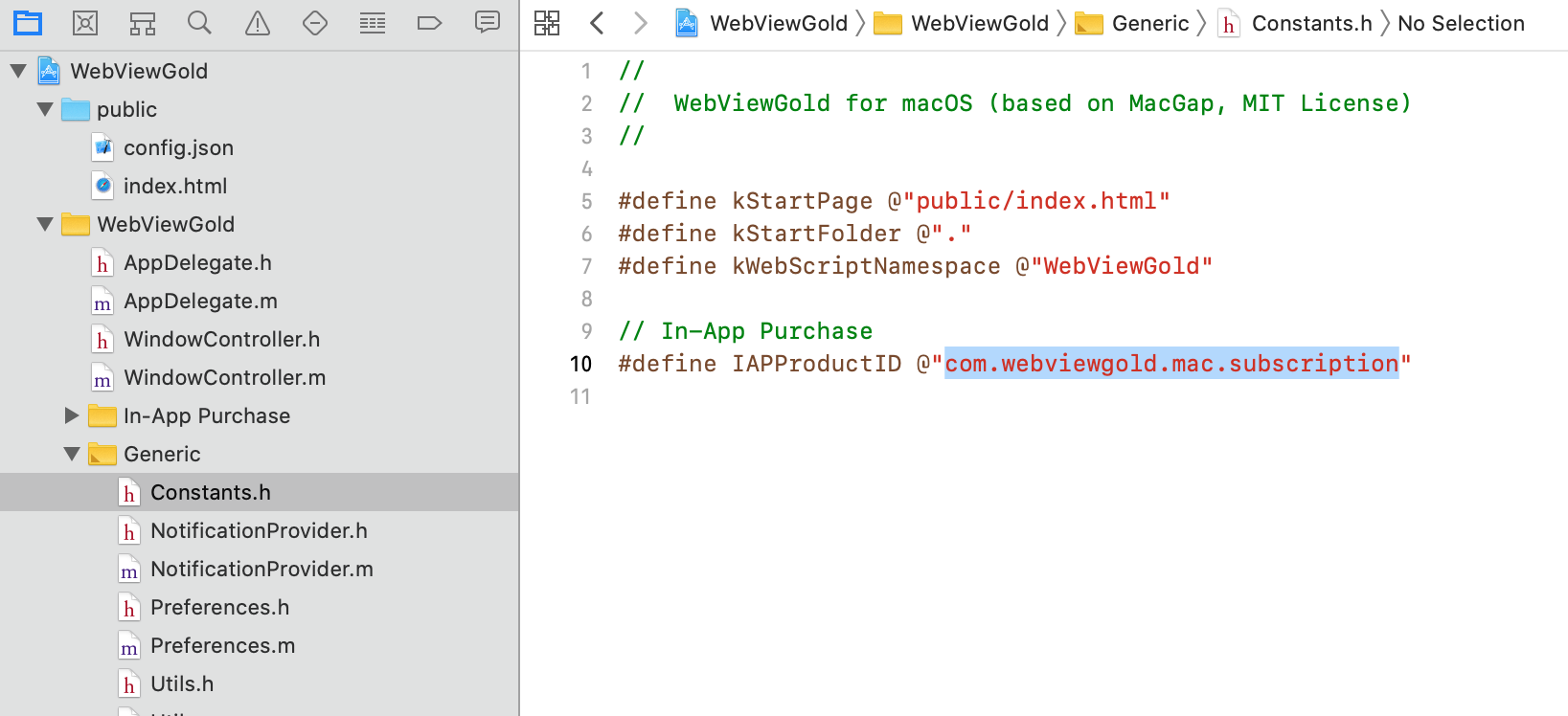 Mac App Store In-App Purchase Product ID in Constants.h file