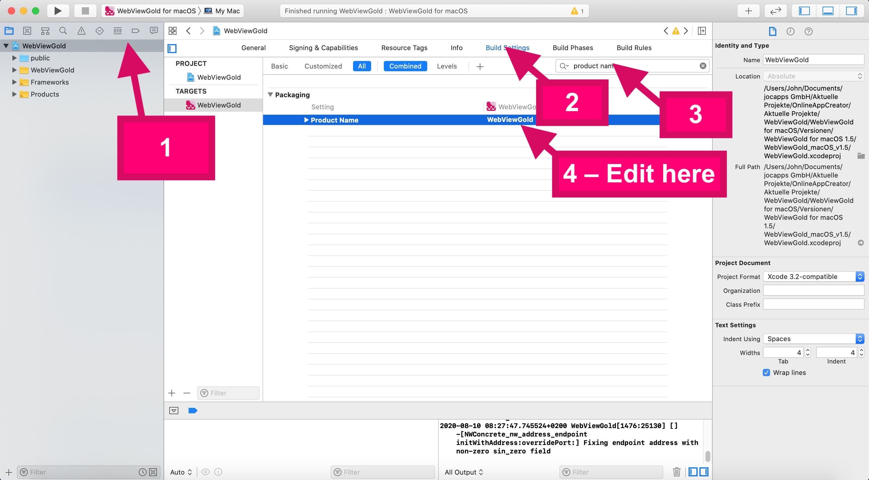 Steps of changing your application name in your WebView Mac Xcode project