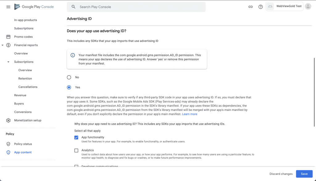 How to answer "Does your app use an advertising ID?"